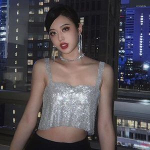 Women's Tanks Wholesale Black White Gold Summer Women Rhinestone Tank Top Sexy Girl Nightclub Trend Sling Shiny Diamond Bikini Crop