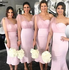 Tule Rosa Um Ombro Curto Dama De Honra Vestidos De Festa De Casamento Comprimento Do Chá Sereia Elegante Cetim Formal Ocasião Midi Vestidos Formais Plus Size Vestido Da Dama De Honra CL2613