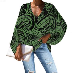 Kvinnors blusar skjortor 2022 Casual Loose Long Sleeve Shirt Polynesian Tribal Samoa Green Floral Tops V-Neck Female Beach Design Stor storlek Kvinnor Blus L230712