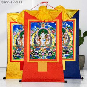 Tibetan Style Wall Draw Painted Satin Study Handicraft Avalokitesvara Buddhist Figures 35cm Hanging Altars Home Gift Decoration L230704