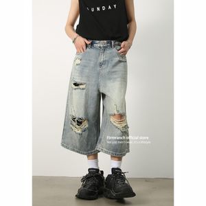 Jeans da uomo Firmranch 2023 Strappato blu Baggy Jorts per uomo Donna Pantaloncini oversize di media lunghezza Torn Nono pantaloni in denim 230711