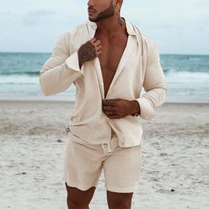 Fatos de Treino Masculino Conjuntos Havaianos Praia Verão Manga Comprida Gola Camisa Calções 2 Peças Streetwear Algodão Linho 230712