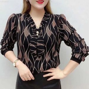 Blusas Femininas Camisas Roupa Feminina Estampado Onda Camisa Decote em V Bandagem Primavera Outono Novos Diamantes Chic Pérola Decoração Tridimensional Blusa 2022 L230712