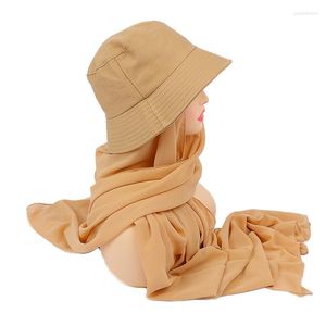 Sciarpe 2023 arrivo estate protezione solare scialli musulmani donna tinta unita elegante chiffon hijab istantaneo con cappello da pescatore