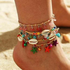 Tornozeleiras Verão Seashell Jóias Estrela do Mar Moda Feminina Colorido Pé Corrente 2023 Resina Pulseira de Tornozelo Acessórios de Praia