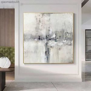 シンプルな抽象アートグレーホワイト絵画ハンドペイント Overszie Abstarct キャンバス絵画リビングルームホテル装飾絵画 L230704