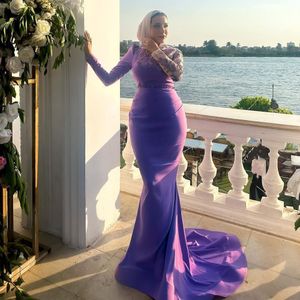 Mor Fas Kaftan Gece Elbise Boncuk Kemer Saten Resmi Elbise Uzun Kollu Yüksek Boyun Arap Dubai Kadınlar Özel Günlük Elbise