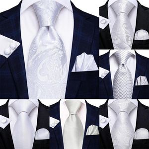Bow Ties Floral White Sliver Men's Hanky Cufflinks Set Silk Necktie For Men Wedding Party Business 2023 Fashion Brand Hi-Tie