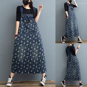 Abiti casual Abito in denim con fiori stampati Donna Maxi bretelle larghe A-Line Jean Bib Long Cowboy Vestidos