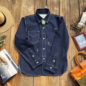 Men's Casual Shirts Tailor Brando T7American Vintage Heavyweight 125oz Cotton Vertical Striped Denim Shirt Indigo Hundred Work Western 230711