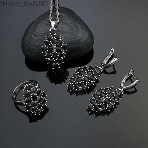 Charm Damen Partyzubehör Silber 925 Schmuckset schwarz Zirkonia Ohrringe Ring Halskette Anhänger Z230712