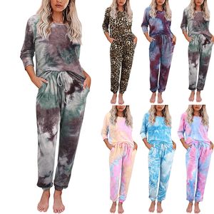 2023 Roupa de dormir feminina conjunto para casa lounge feminino europeu americano outono inverno tie dye estampada calça de manga comprida pijama dividido