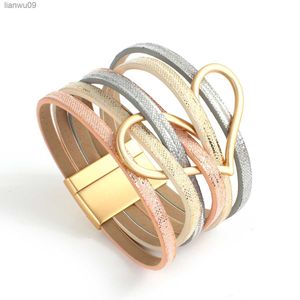 Amorcome Boho PU Leather Wrap Bracelets Hollow Peach Heart Women Bracelet Cuff Magnet Clasp Couple Friendship Party Jewelry Gift L230704