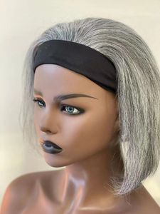 Short human hair bob wig with headband lace gray Salt and pepper natural grey straightstretchy cap with adjustable straps for women