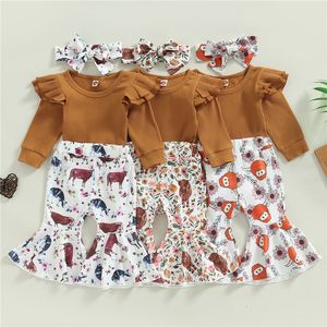 Clothing Sets Infant Baby Girl Clothes Outfits Set Solid Long Sleeve Romper and Cow Floral Flare Pants Headband 3PCS Toddler 230711