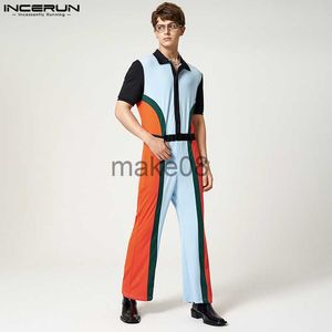 Men's Pants Fashion Men Jumpsuits Patchwork 2023 Lapel Short Sleeve Button Streetwear Casual Rompers Leisure Men's Overalls S5XL J230712