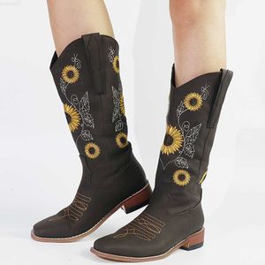 Buty Aosphiraylian Western Sun Flowers Szyj wzór Buty damskie 2023 Haftowane vintage dżinsowe buty gładkie damskie buty L230712