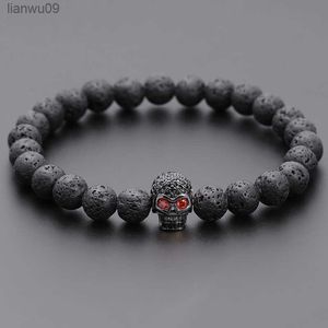 2020 Classic Skull Men Bracelet Pave Cubic Zirconia Vintage 8mm Lava Stone Strand Bracelet For Men Jewelry Gift L230704