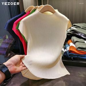 Damen T-Shirts Miyake Frau Plissee T-Shrit Solide Ärmellos Stehkragen Pullover Hochelastisch Einfach Wild Casual Style 2023 Sommer