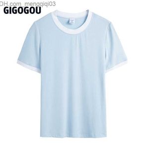 Damen-T-Shirt GIGOGOU Basic Gestricktes O-Ausschnitt-Kurzarm-T-Shirt 2023 Neues Damen-T-Shirt mit ultradünner Passform Sommer-Vintage-Top 6 Farben Größe S-3XL Z230713