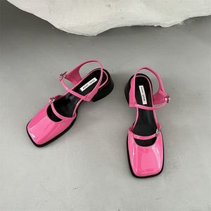 Dress Shoes Vintage Women s Red Sandals Summer Square Toe Buckle Solid Color est Wedding Party High Heels 230711