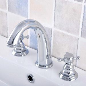 Baterie umywalkowe do łazienki srebrny polerowany mosiądz chromowany Deck Mounted bateria umywalkowa powszechne Vanity Mixer Tap trzy otwory/dwa uchwyty Anf533