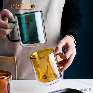 Tassen Bunte Glas-Doppelboden-Tasse mit Griff für Zuhause, Kaffeetasse, Frühstücksmilch, Haferflocken, doppelwandig, Verbrühungsschutz, schöne Teetassen R230712
