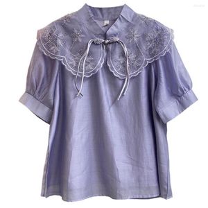 Women's Blouses 2023 Summer Arrival V-Neck Spliced Organza Disc Buckle Embroidery Shirt Blouse Top For Women