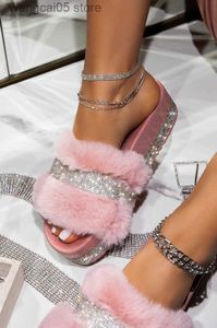 Slippers Comemore Women Fur Rhinestone Slippers Platform Wedges Without Heel Fluffy Furry Slides Flat Flip Flops Shoes Ladies Shiny Bling T230712