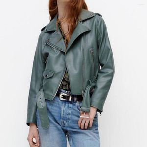 Women's Leather European And American Autumn Winter Women Faux Motorcycle Jacket Female Small Lapel Green Ladies Trench Coat Streetwear