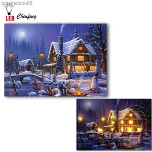 Natale Inverno Neve Notte Cottage Con Fiume Opere D'arte Immagine della parete Led Canvas Art Light Up Village Scenery Pittura a olio Decor L230704