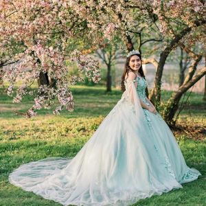 Мятно-зеленое бальное платье принцессы, платья Quinceanera, 2024, с бантом, блестящими аппликациями и накидкой, роскошные платья Vestidos De 15 anos