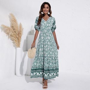 Abiti casual di base ATUENDO Summer Bohemian Women's Soft Dress Fashion Abito lungo verde puro Abito da sposa casual in seta Abito da ospite vintage a vita alta 230711