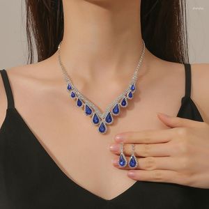 Halskette Ohrringe Set Königsblau Kristall Schmuck für Frauen Ewige Liebe Halsketten Accessoire Hochzeit Geburtstag Jahrestag Geschenk