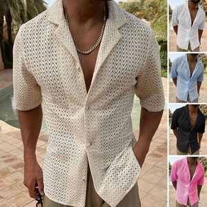 Camisas casuais masculinas Camisa de verão masculina de cor sólida com lapela oca, carcela de peito simples, blusa de manga curta