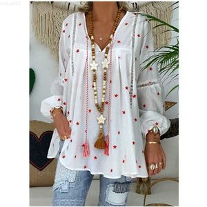 Women's Blouses Shirts Floral Printed Blouse Women White Yellow Loose Tops Mujer Vintage Loose Lace Patchwork Hollow Out Top Womens Clothing Blusas L230712