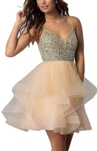 Short Homecoming Dresses Spaghetti Beading Sequins Deep V-Neck Lace-up Ball Gown Party Gowns Princess Plus Size Mini Birthday Prom Graudation Cocktail Party Gowns 60