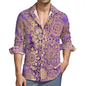 Herren-Freizeithemden, Boho-Mandala-Herren-Lila- und Gold-Hemd, langärmelig, modische Y2K-Blusen, Frühlings-Design-Oberteile, 3XL 4XL