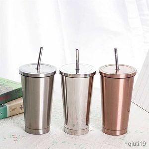 Kubki 500ml podwójna ściana butelka do kawy ze stali nierdzewnej ze słomką Travel kubek do soku woda herbata kubki do mleka kuchnia Drinkware R230712