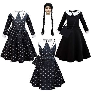 Mädchenkleider Mode Kinder Film Mittwoch Addams Cosplay Prinzessin Kleid und Perückentasche Set Mädchen Halloween Kostüm Karneval Gothic Schwarze KleidungHKD230712