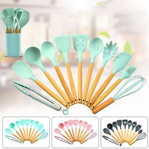 12PCS Silicone Kitchenware Non-Stick Cookware Kitchen Utensils Set Spatula Shovel Egg Beaters Wooden Handle Cooking Tool Set