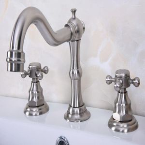 Badezimmer-Waschtischarmaturen, Deckmontage, 3 Löcher, Badewannen-Mischbatterie, gebürstetes Nickel-Messing, weit verbreitet, 2 Griffe, Waschbecken-Wasserhahn Abn012