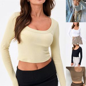 Women's T Shirts Women Casual Solid Long Sleeve Crop T-shirt Fashion O Neck Midriff Stretch Tops Ribbed Elastic Slim Skinny Tees Pullover