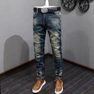 Erkek kot moda tasarımcısı erkekler retro siyah mavi elastik ince uyum yırtılmış yıpranmış streç pantolonlar vintage gündelik denim pantolon