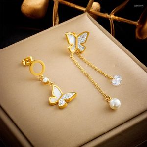 Ohrstecker 316L Edelstahl Mode Edlen Schmuck Natürliche Muschel Asymmetrische Schmetterling Perle Zirkon Quasten Für Frauen