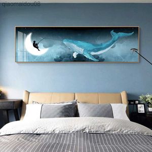 Creative Whale Nordic Child Moon Abstrakt Canvas Väggkonstmålningar Affischtryck Bild för Nursery Vardagsrum Inredning Sängbord L230704