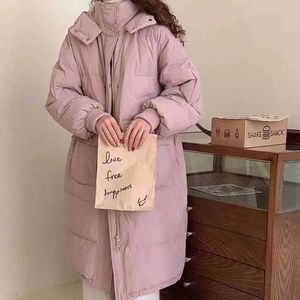 Autumn and winter women's long hooded loose down coat, fluffy full and not bloated, threaded cuffs do not leak, the version is simple and generous.