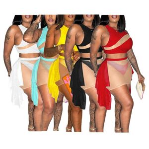 Conjuntos de saia sexy de grife verão feminino plus size 3XL top transparente malha mini saia e roupa íntima 3 peças conjuntos de biquíni transparente roupa de banho a granel roupas por atacado 10007