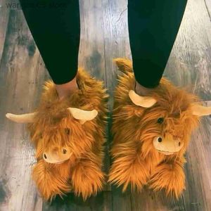 Slippers Highland Cattle Slippers Women Scottish Cow Slipper Cartoon Animal Plush Slides Yaks Home Shoes Men Flat Silent Floor Flip Flops T230712