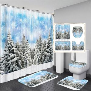シャワーカーテン木雪景色風景クリスマスカーテンセットノンスリップラグトイレ蓋カバーとバスマット防水浴室